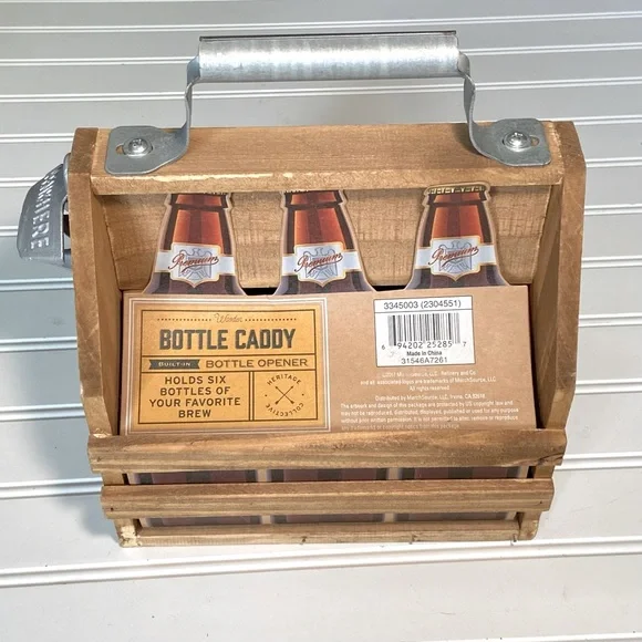 Wooden 6 Pack Bottle Caddy w/ Metal Can Opener and Handle 9.5 W x 11 H x 6 W New - Picture 2 of 3